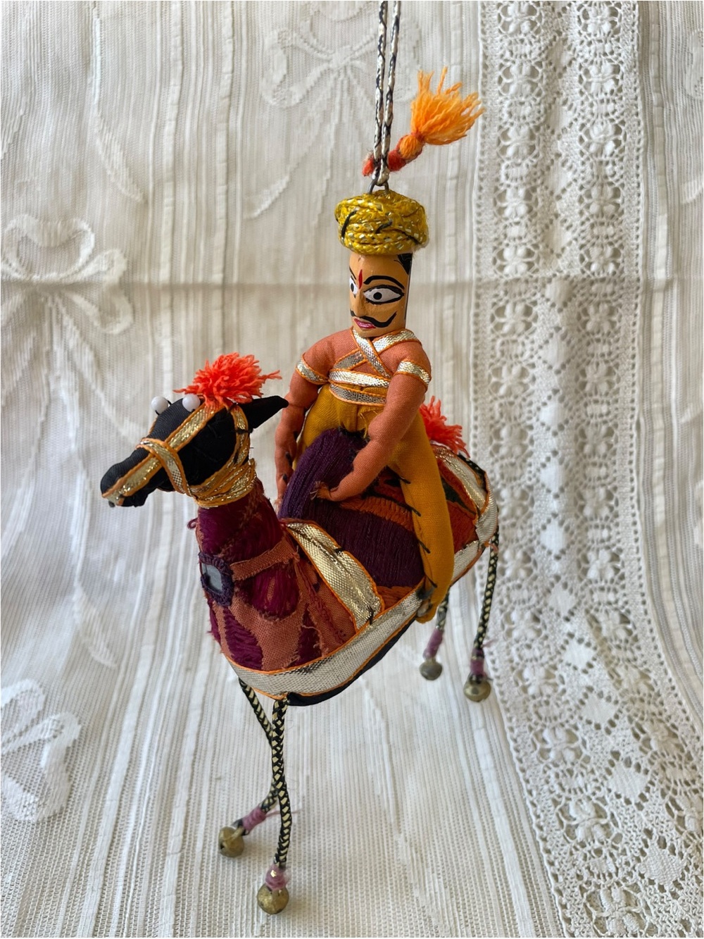 VTG Handmade Indian Fabric Camel & Rider Folk Art Hanging Ornament